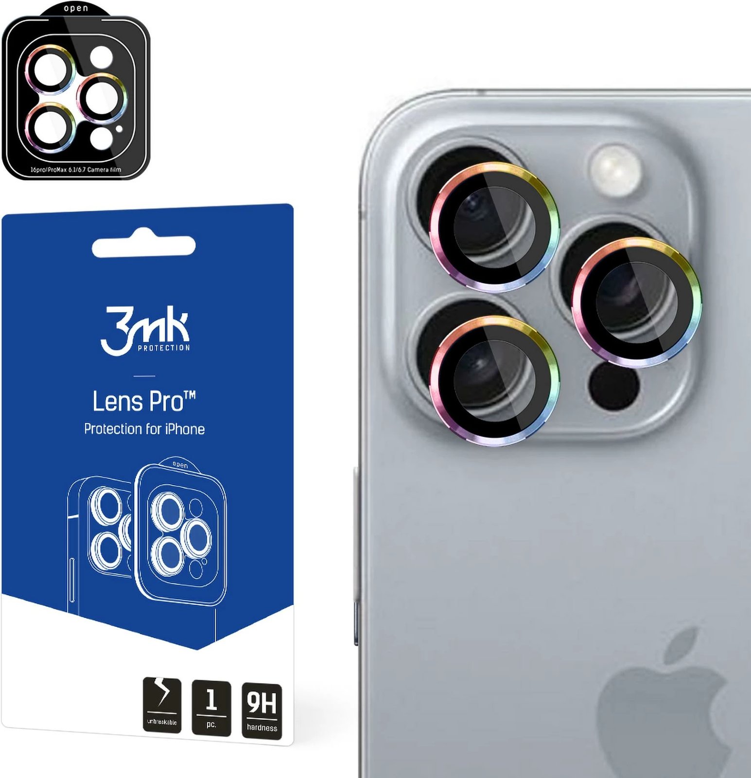 Mbrojtës lente 3mk Protection Lens Pro për iPhone 16 Pro/16 Pro Max, kornizë iridescente