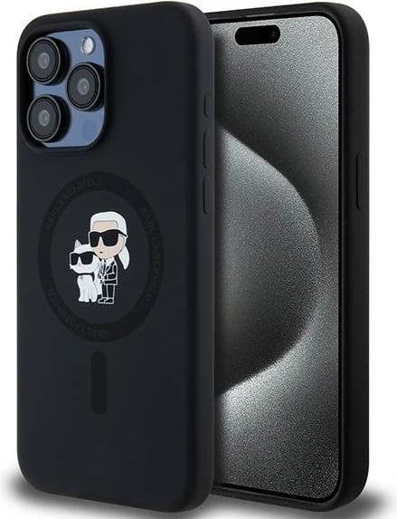 Mbështjellës Karl Lagerfeld Silicone Karl & Choupette Ring MagSafe për iPhone 15 Pro Max, i zi