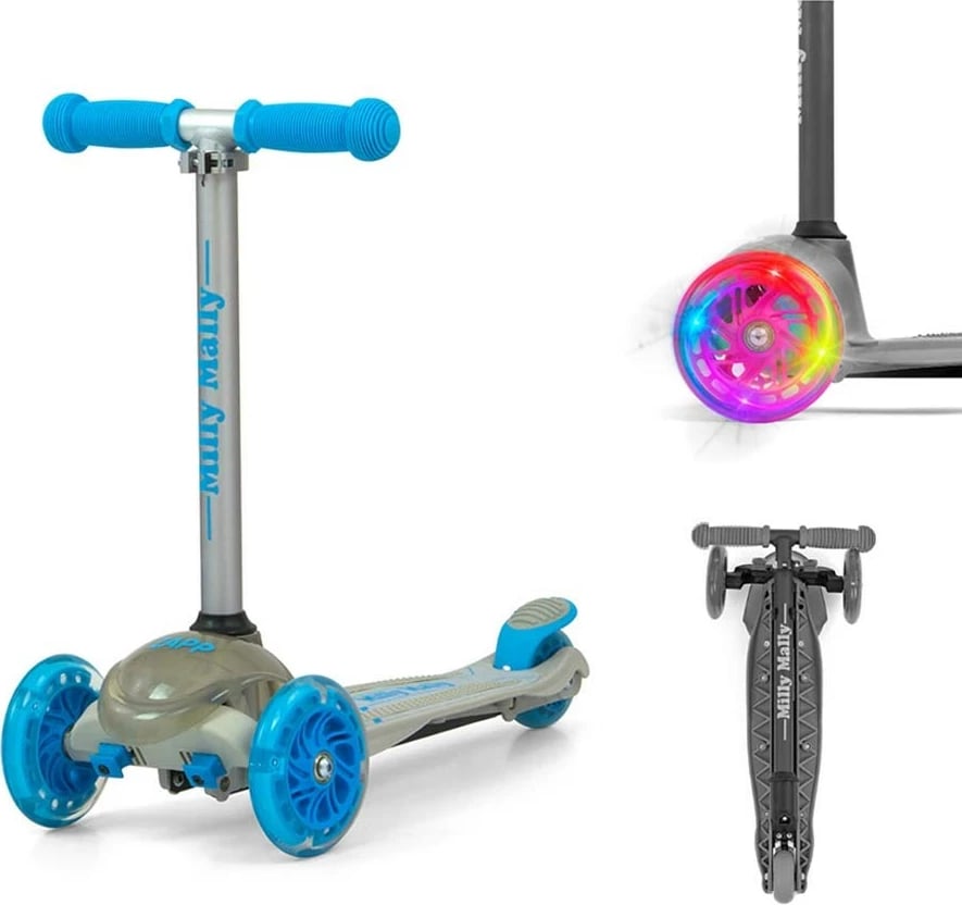 Trotinet, Milly Mally, Zapp, 3 rrota, drita LED në rrotat e përparme, timon i rregullueshëm 61/66 cm, deri 50 kg, gri