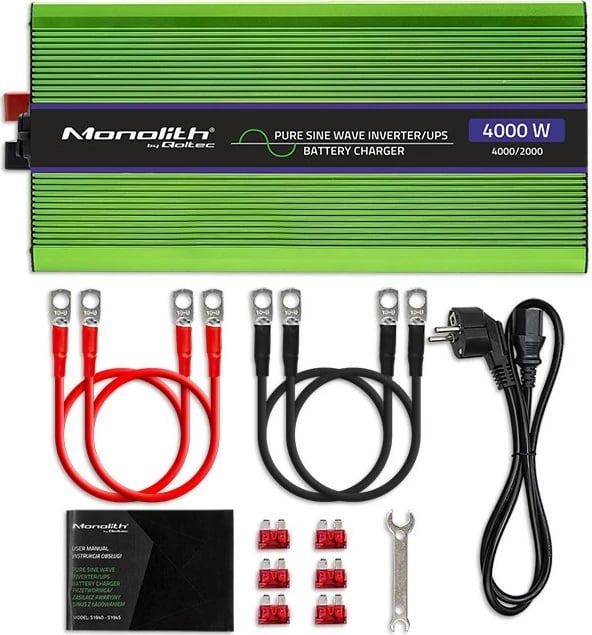 Konvertues voltazhi Qoltec Monolith 51943, 2000W/4000W, 12V në 230V, Pure Sinus, LCD, Jeshile