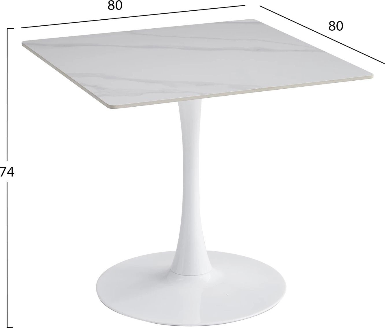 Tavolinë ngrënieje TETRAN, metal i bardhë, sipërfaqe gur i sinterizuar, ngjyrë borë, 80x80x74cm