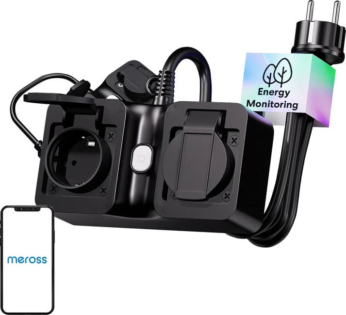 Prizë e mençur Meross MOP320MA-EU, WiFi, për jashtë, IP44, 2 dalje, e zezë