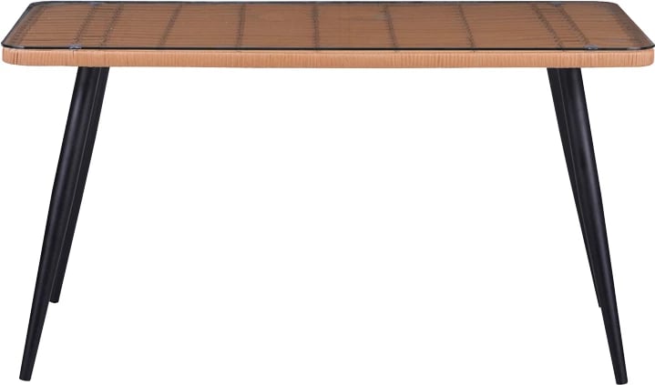 Tavolinë prej xhami PE rattan, ngjyrë druri natyrale, këmbë të zeza, 140x80x78cm