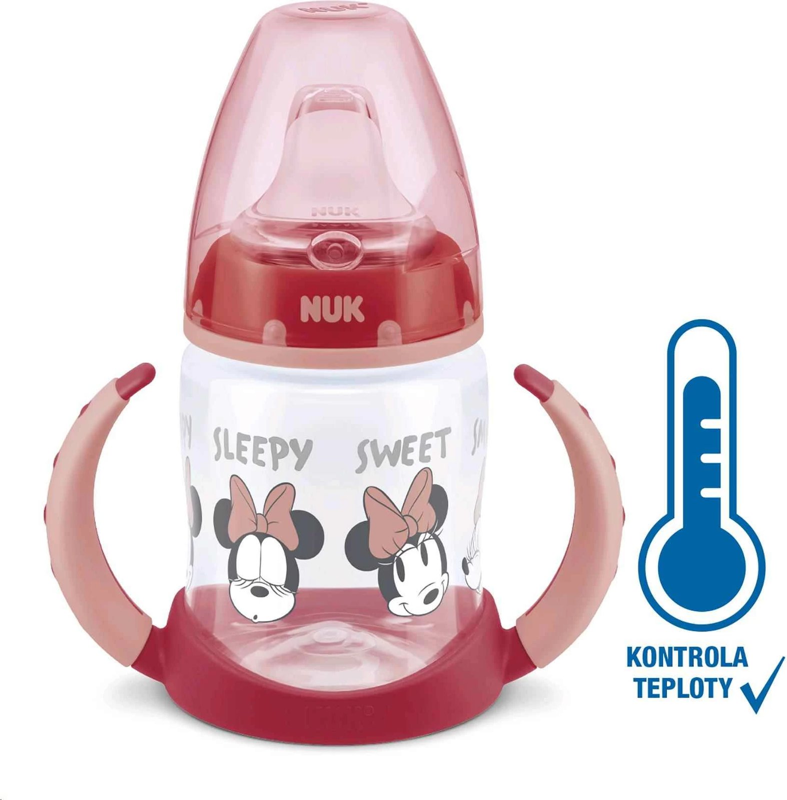 shishe mësimi bebe NUK Disney Mickey First Choice 150 ml, kontroll temperature, silikon, 6–18 muaj, e kuqe