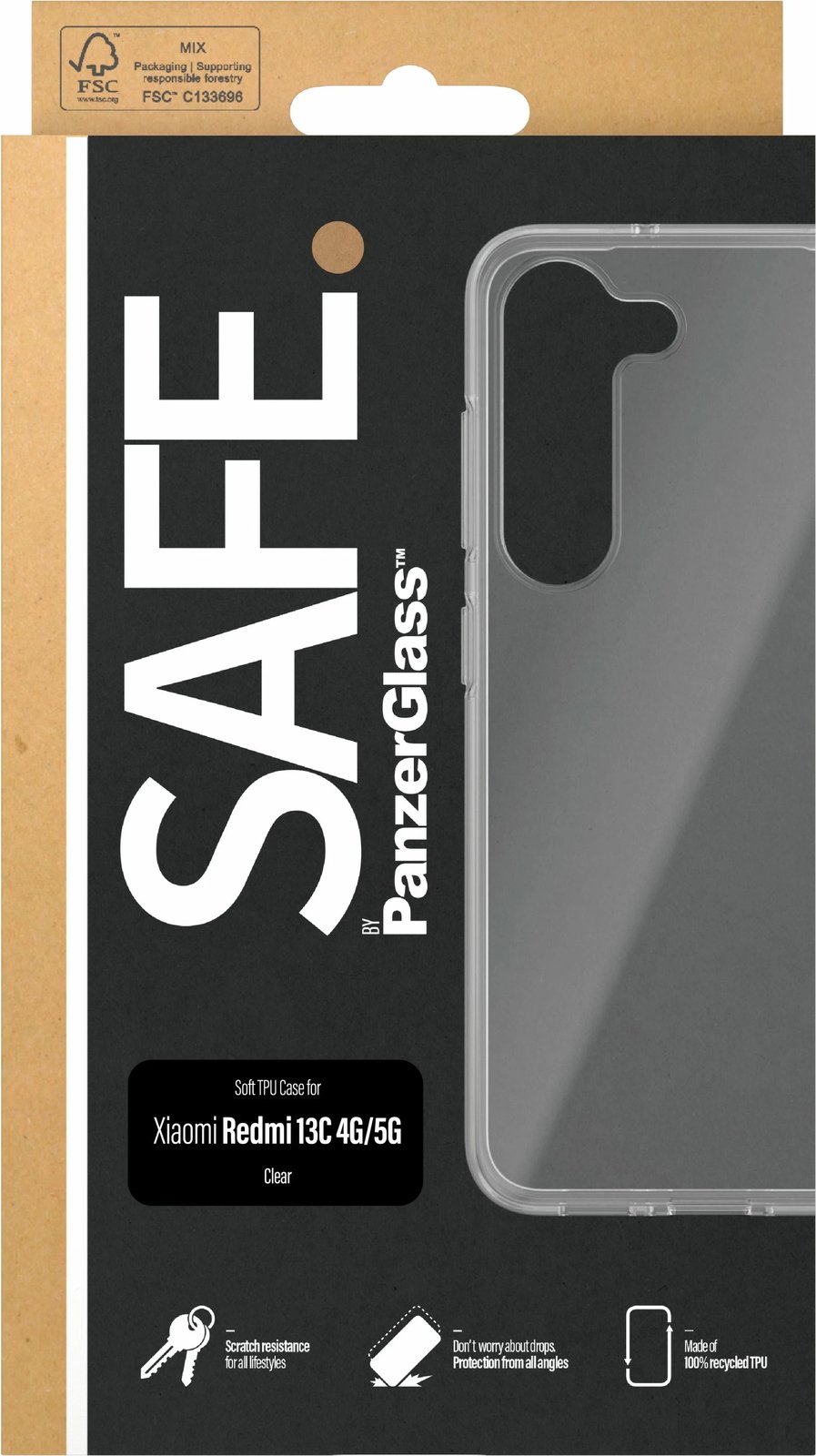 Mbështjellës PanzerGlass SAFE. për Xiaomi Redmi 13C, transparent