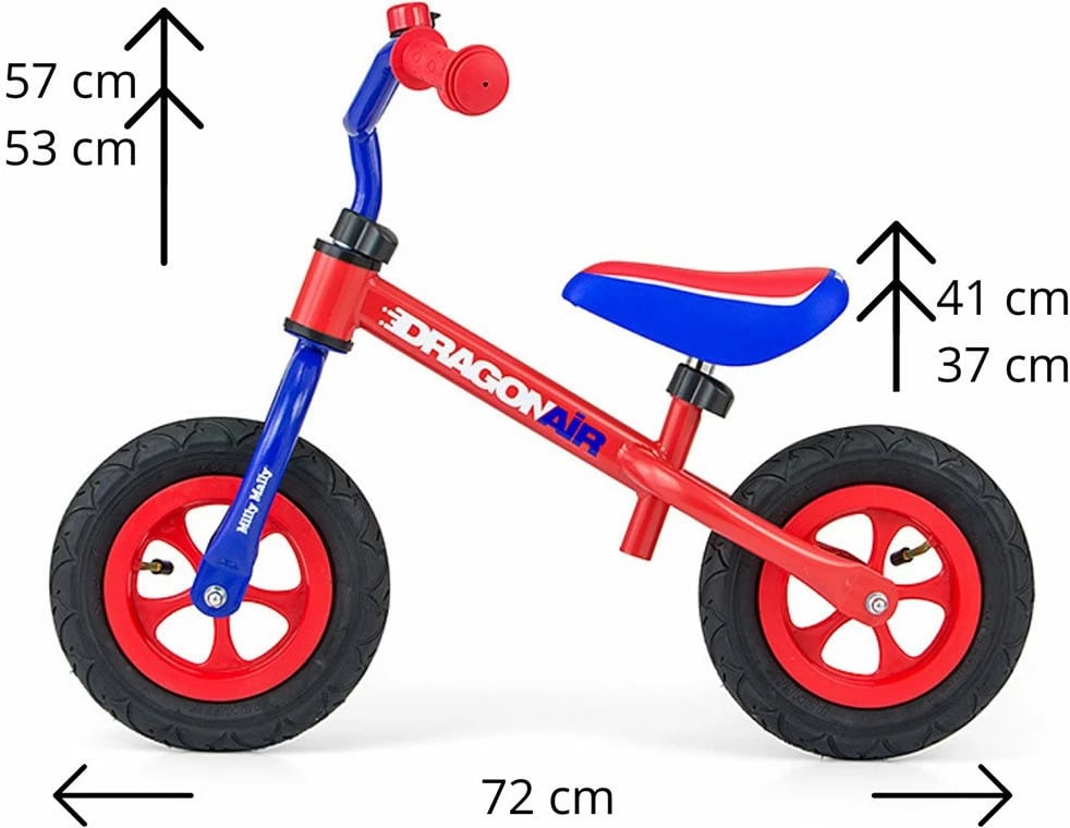 Biçikletë balancuese, Milly Mally, Dragon Air, goma të frymë 10", kornizë çeliku, zile, për moshë 2-5 vjeç, deri 20 kg, e kuqe-blu