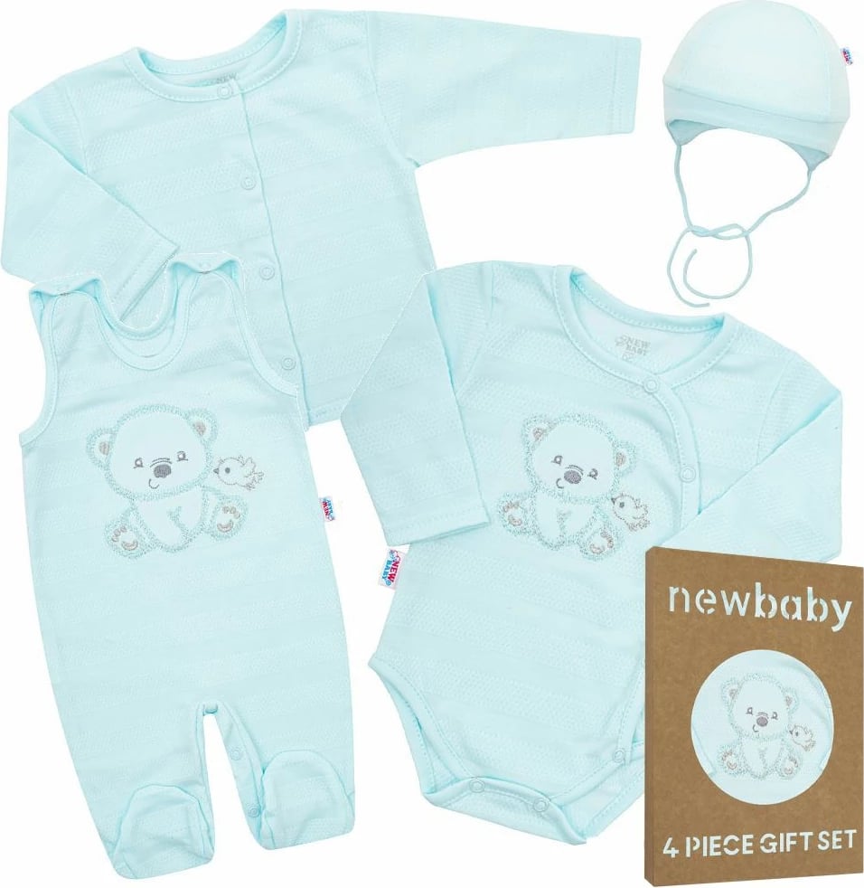 Set foshnje, New Baby Sweet Bear, 100% pambuk, madhësi 56 (0-3m), për djem, blu, set 4 pjesë