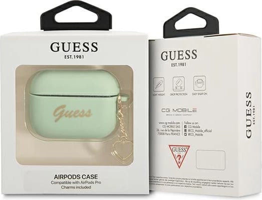 Mbështjellës Guess GUAPLSCHSN për AirPods Pro, silikon, Heart Charm, e gjelbër