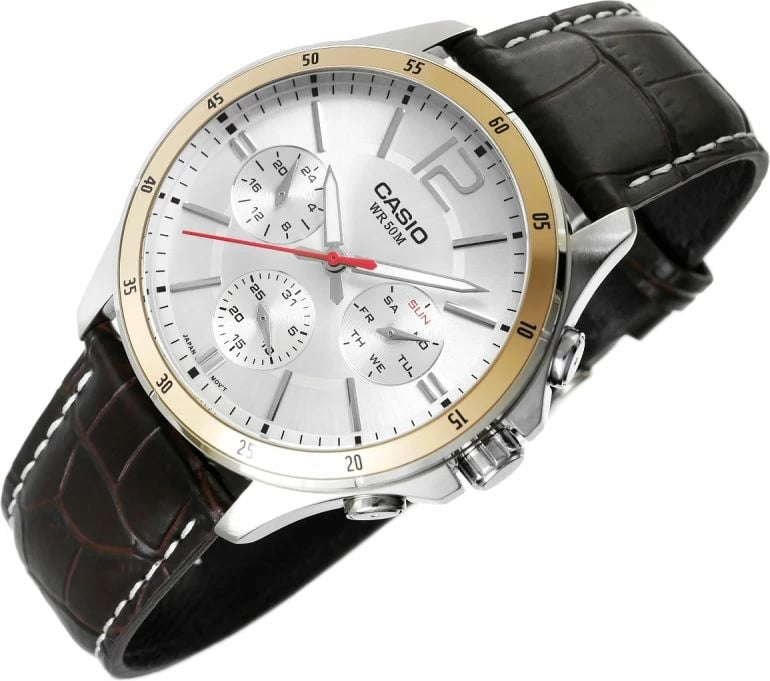 Orë dore për meshkuj Casio, argjendtë e arit me rrip kafe