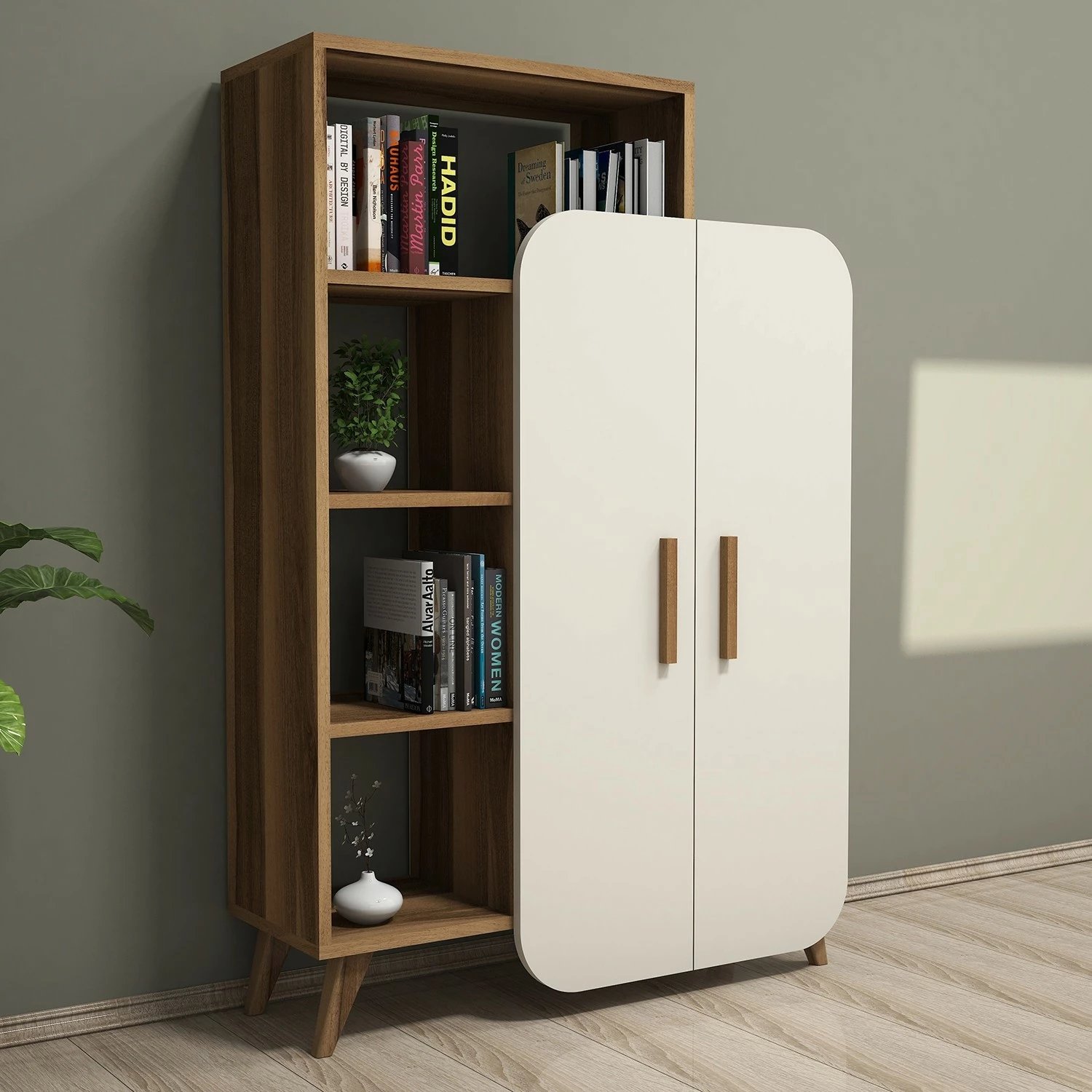 Raft librash Hanah Home, formë moderne, ngjyrë arrë dhe krem
