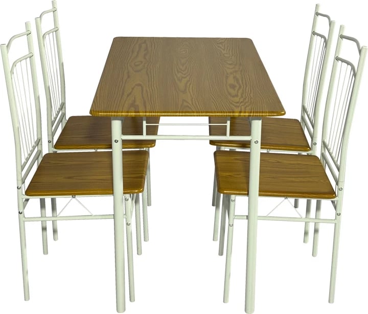 Tavolinë me karrige Roza II, set 5 copë, MDF natyrale, këmbë metalike të bardha, 110x60x74cm