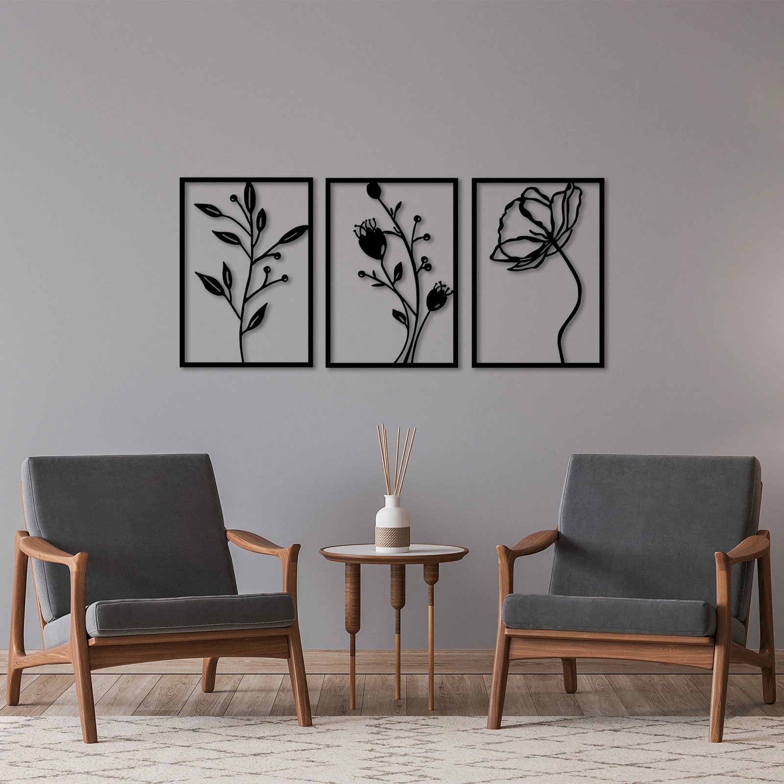 Aksesor dekorativ metalik për mur, lule, 3 copë, Wallity, 49x70cm, ngjyrë e zezë