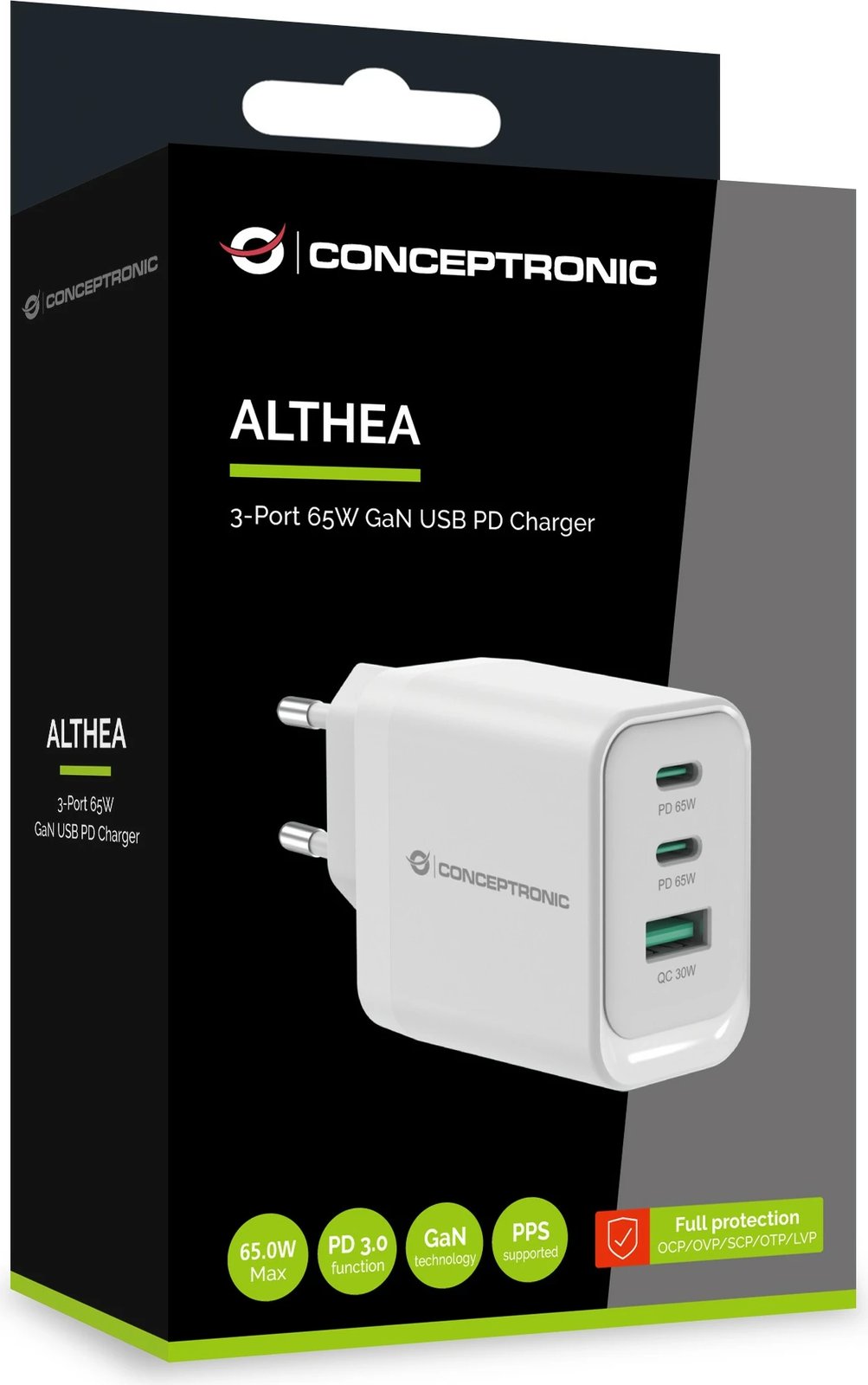 Karikues Conceptronic 3Port GaN, 2xUSB-C/1xA, 65W, i bardhë