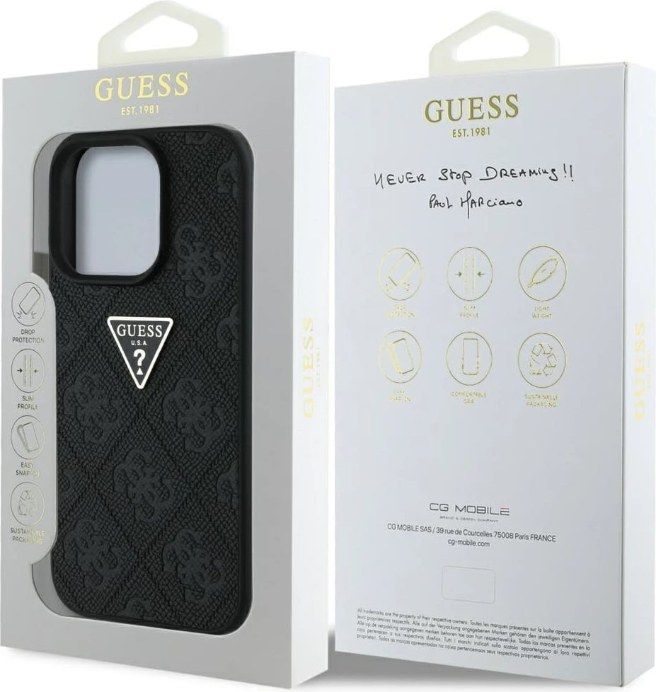 Mbështjellës Guess Hot Stamp 4G Pattern Triangle Metal Logo për iPhone 16 Pro, i zi