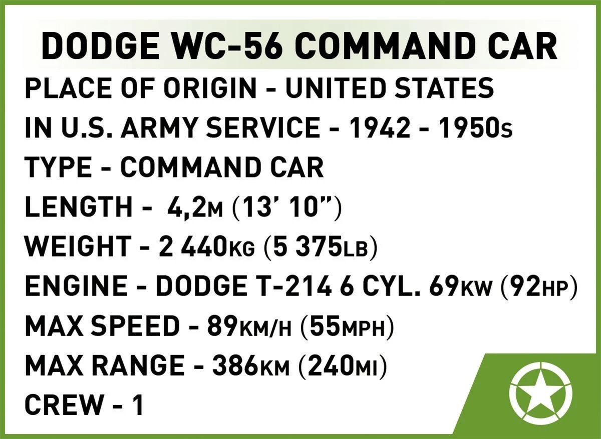 Set blloqesh Cobi Klocki Dodge WC-56 Command Car, 208 pjesë, me 2 figurina, Jeshile