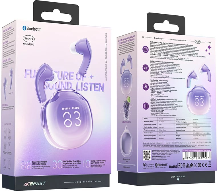 Kufje Acefast T9 wireless, Bluetooth 5.3, me ekran LED, vjollcë