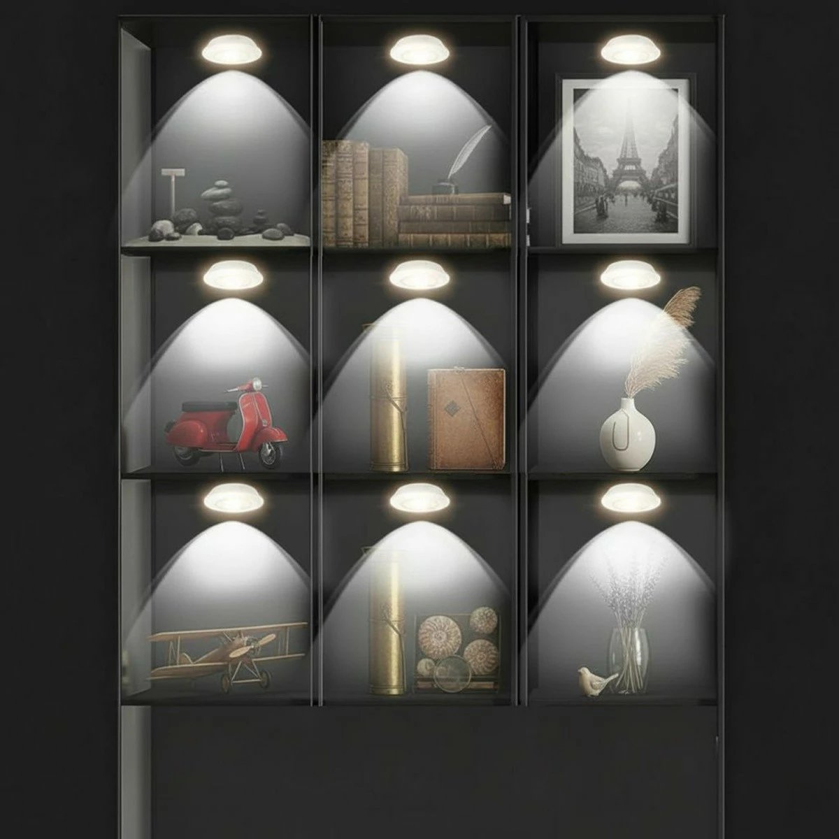 Set llambash LED me telekomandë, Maclean MCE165, rregullim ndriçimi dhe timer 30 min, me bateri 3xAAA, e bardhë, set 6 copë