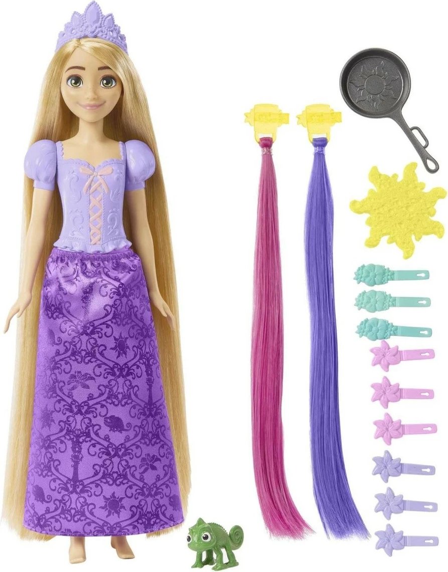 Kukull Disney Princess Rapunzel Mattel HLW18 me flokë shumë të gjatë, me aksesorë, vjollcë, set