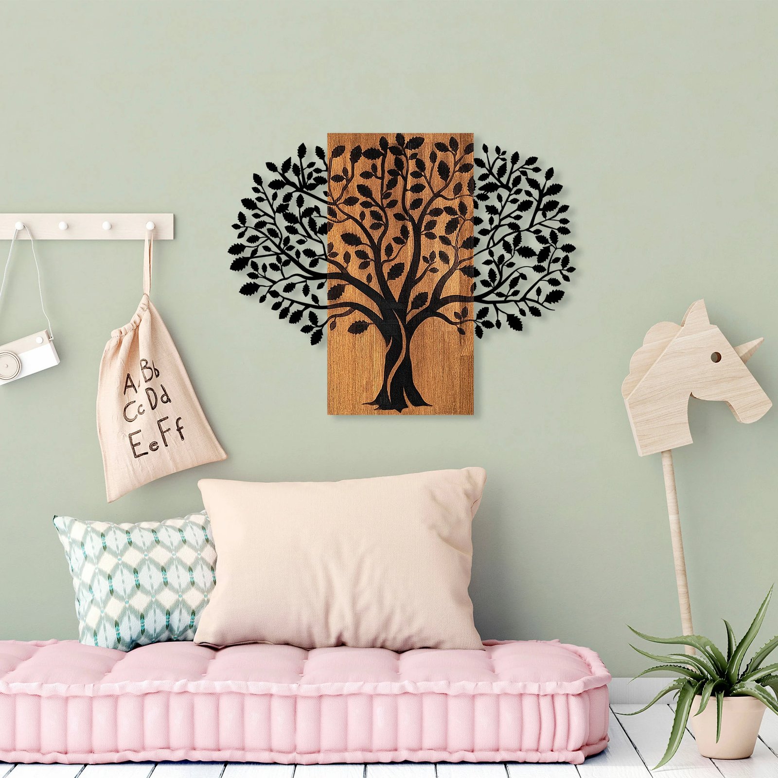 Aksesor dekorativ prej druri për mur, Wallity, Pema Magjike - 378, ngjyrë arre dhe e zezë, 58x73cm