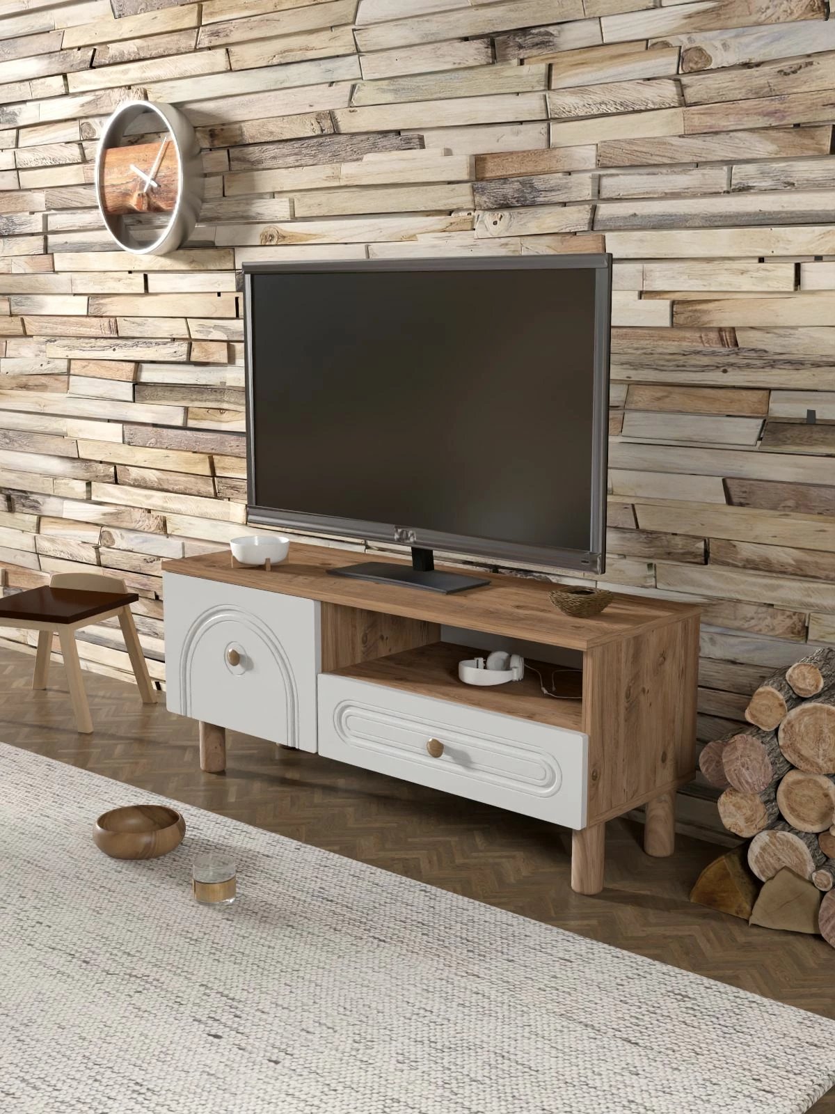 Komodë TV, Skye Decor, Serenta 105, ngjyrë Atlantic Pine dhe e bardhë