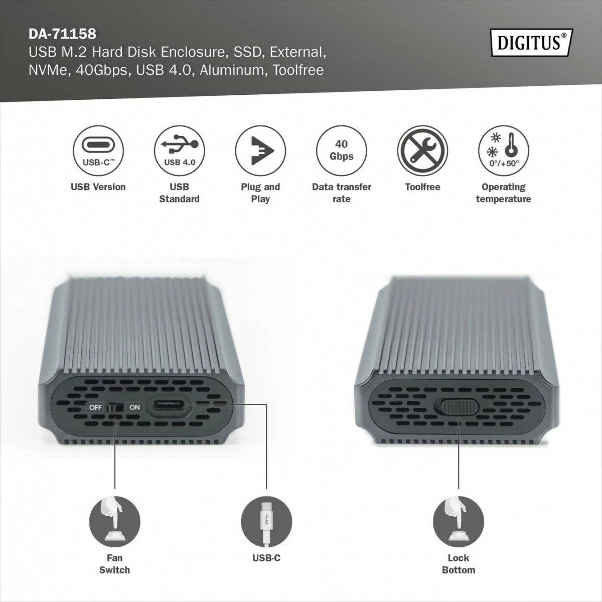 Kasë Digitus DA-71158 për SSD M.2 NVMe, USB 4.0 Type-C, Alumini, Gri