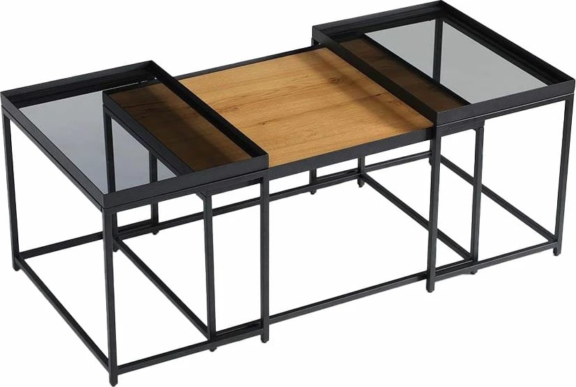 Set tavolinash kafeje Harmonica, 3 copë, natyrale, xham i tymosur, e zezë, 75x55x44