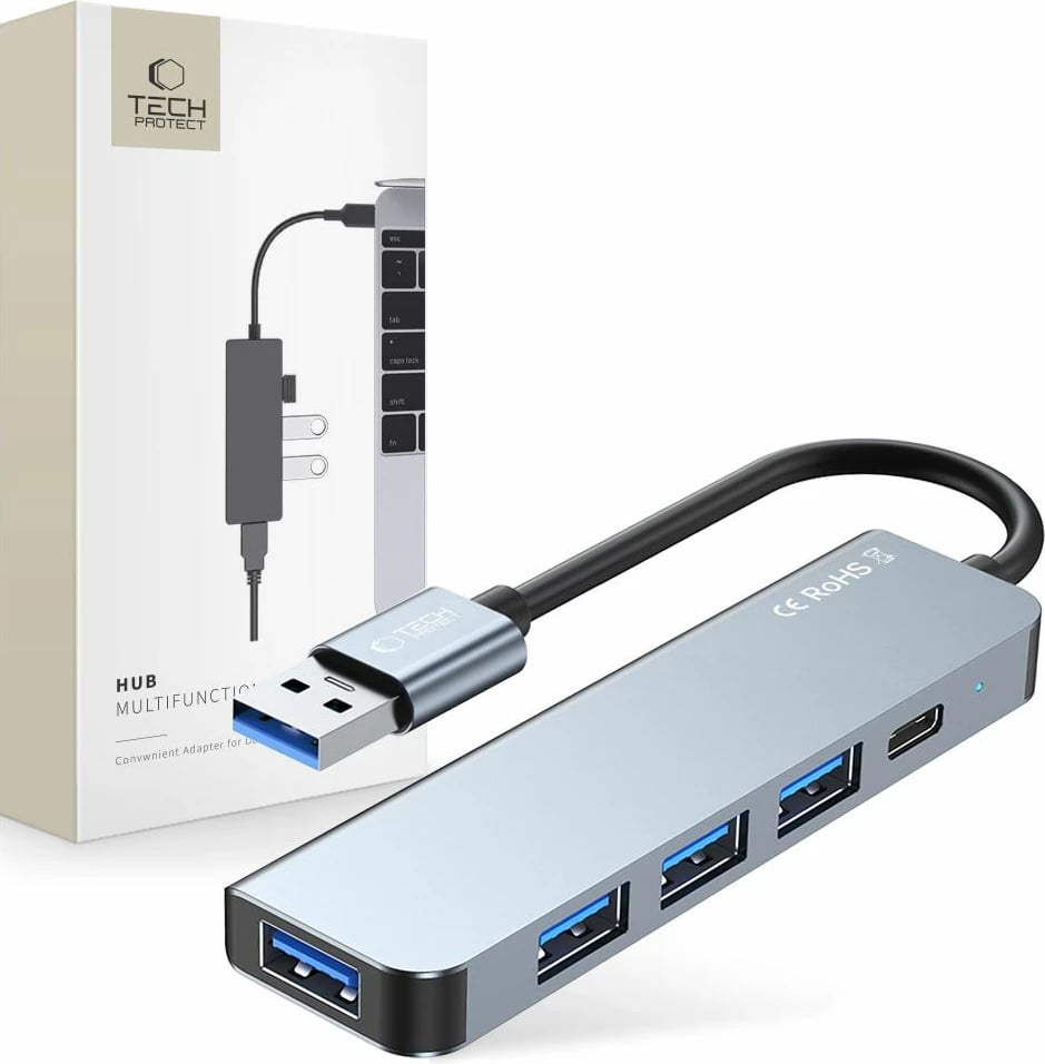 HUB Tech-Protect V0 5in1, USB-A në 3x USB-A 2.0, USB-A 3.0, USB-C, Gri