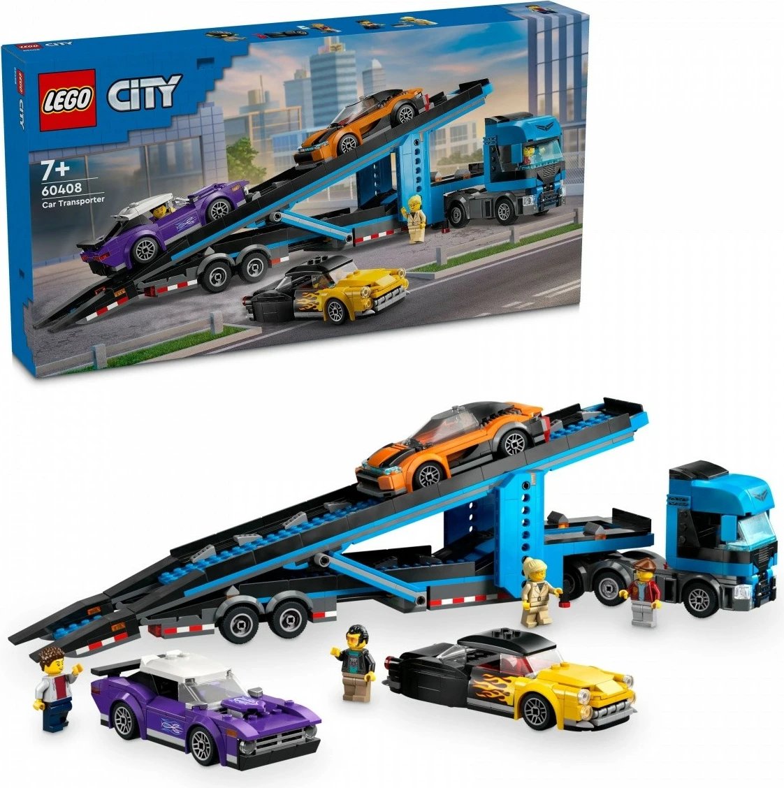 Set lodrash LEGO City 60408, kamion transportues me platformë dhe 3 makina sportive, 998 pjesë