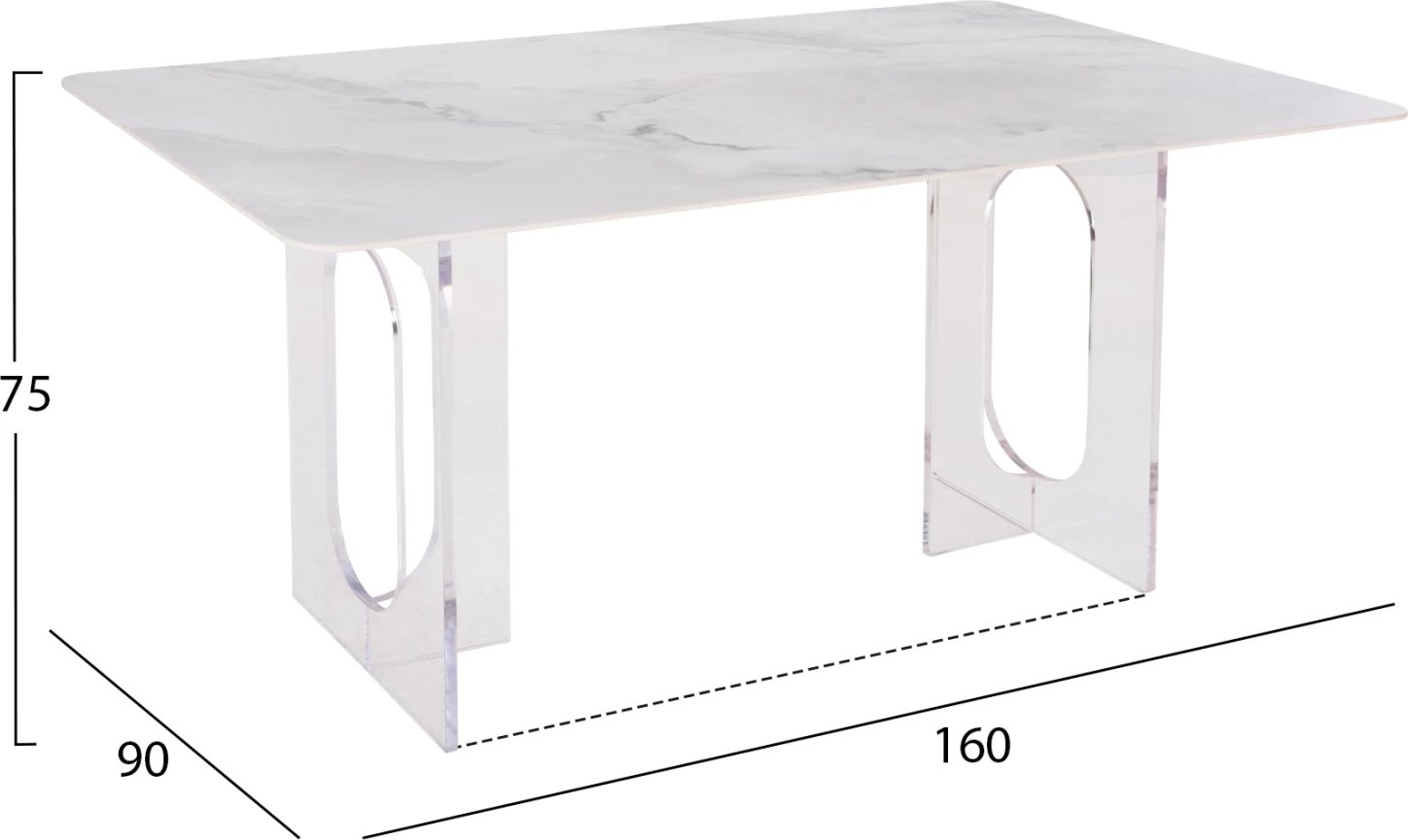 Tavolinë ngrënieje AETHER, FH9769.01, sipërfaqe qeramike e bardhë 12mm, këmbë akrilike, 160x90x75H cm