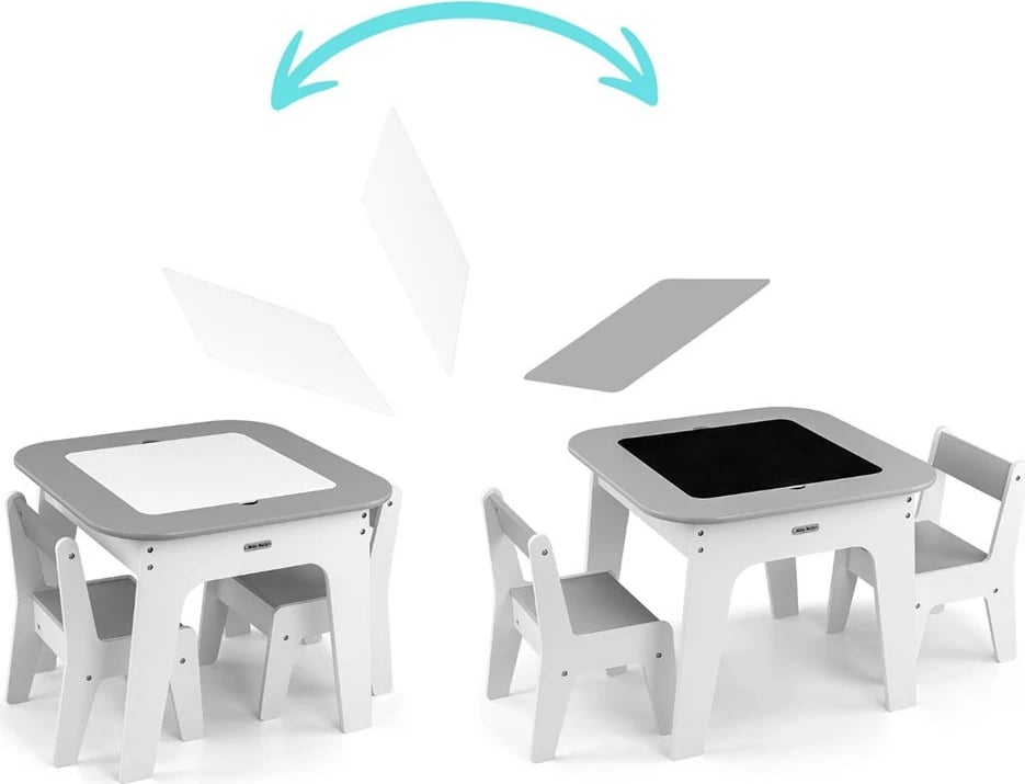 set tavolinë + 2 karrige fëmijësh, Milly Mally Olaf, kapak i dyanshëm me tabelë shkumësi, hapësira magazinimi, MDF, gri