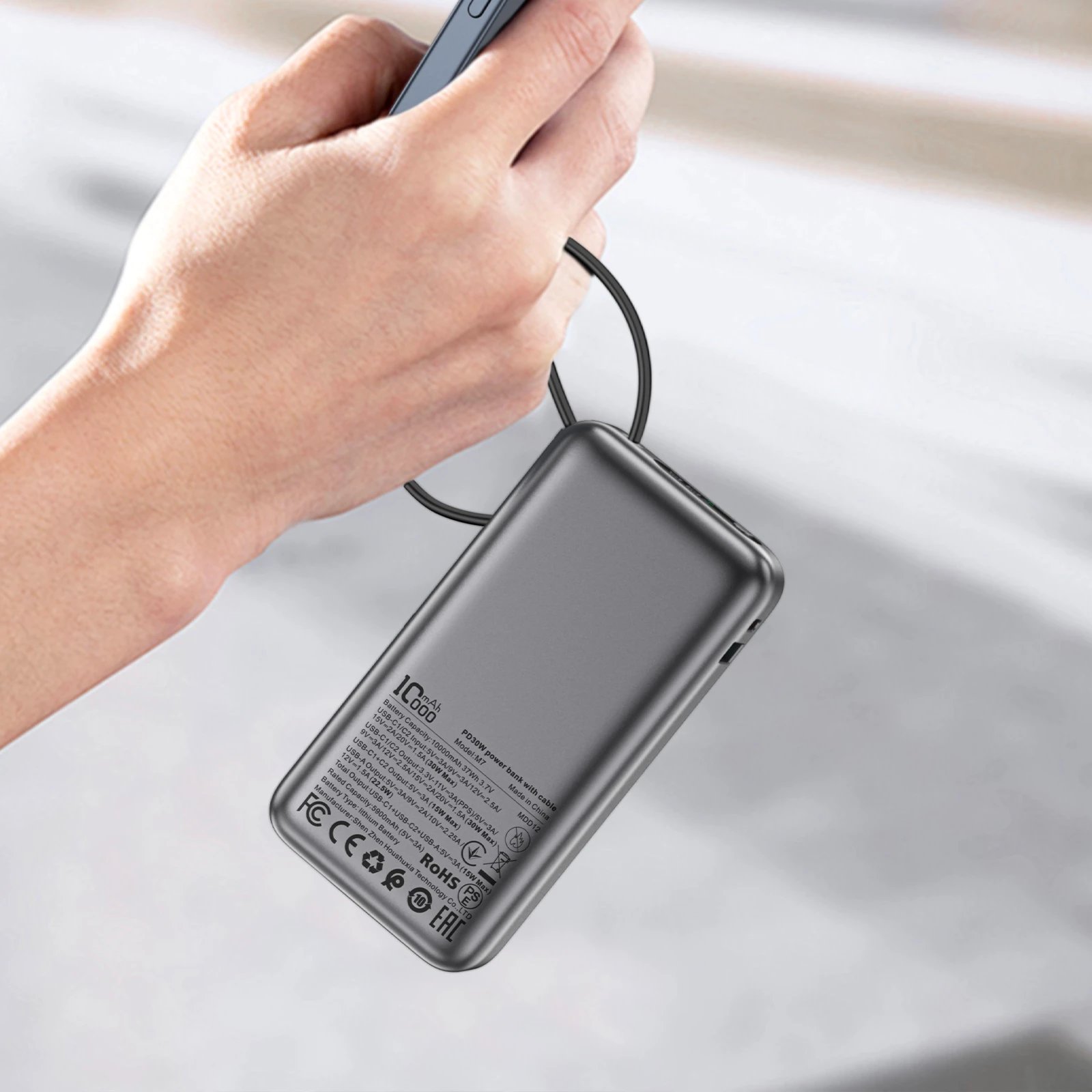 Powerbank Acefast M7-10000 PD30W me kabllo të integruar, e zezë