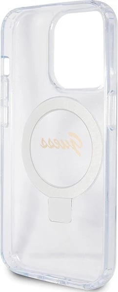 Mbështjellës Guess Ring Stand Script Glitter MagSafe për iPhone 15 Pro, Transparent