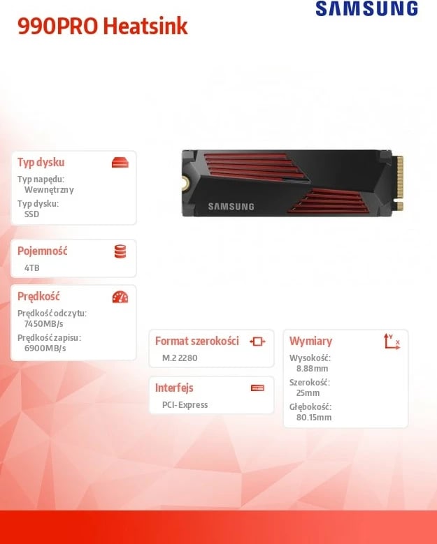 SSD Samsung 990PRO Heatsink, 4TB, M.2 2280, PCIe 4.0, i zi