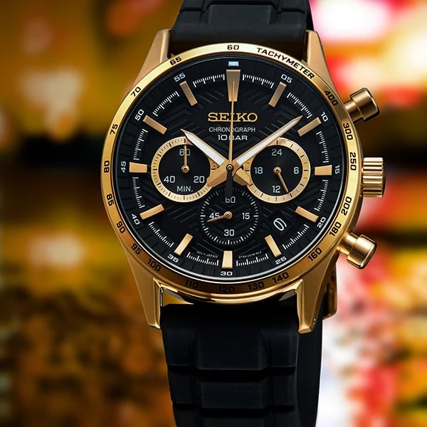Orë dore për meshkuj SEIKO SSB446P1, e zezë me të artë