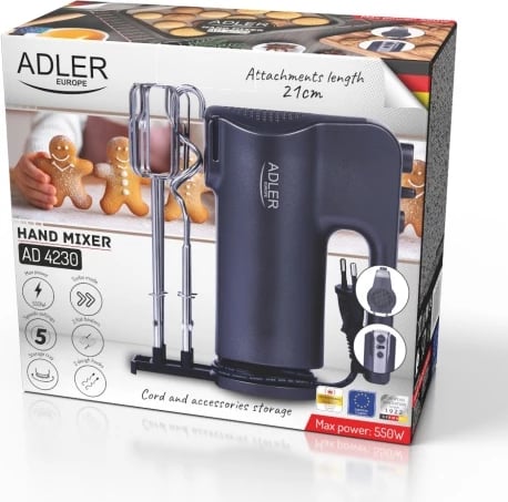 Mikser dore, Adler AD 4230, 300W 5 shpejtësi Turbo me sirtar aksesorësh, i zi