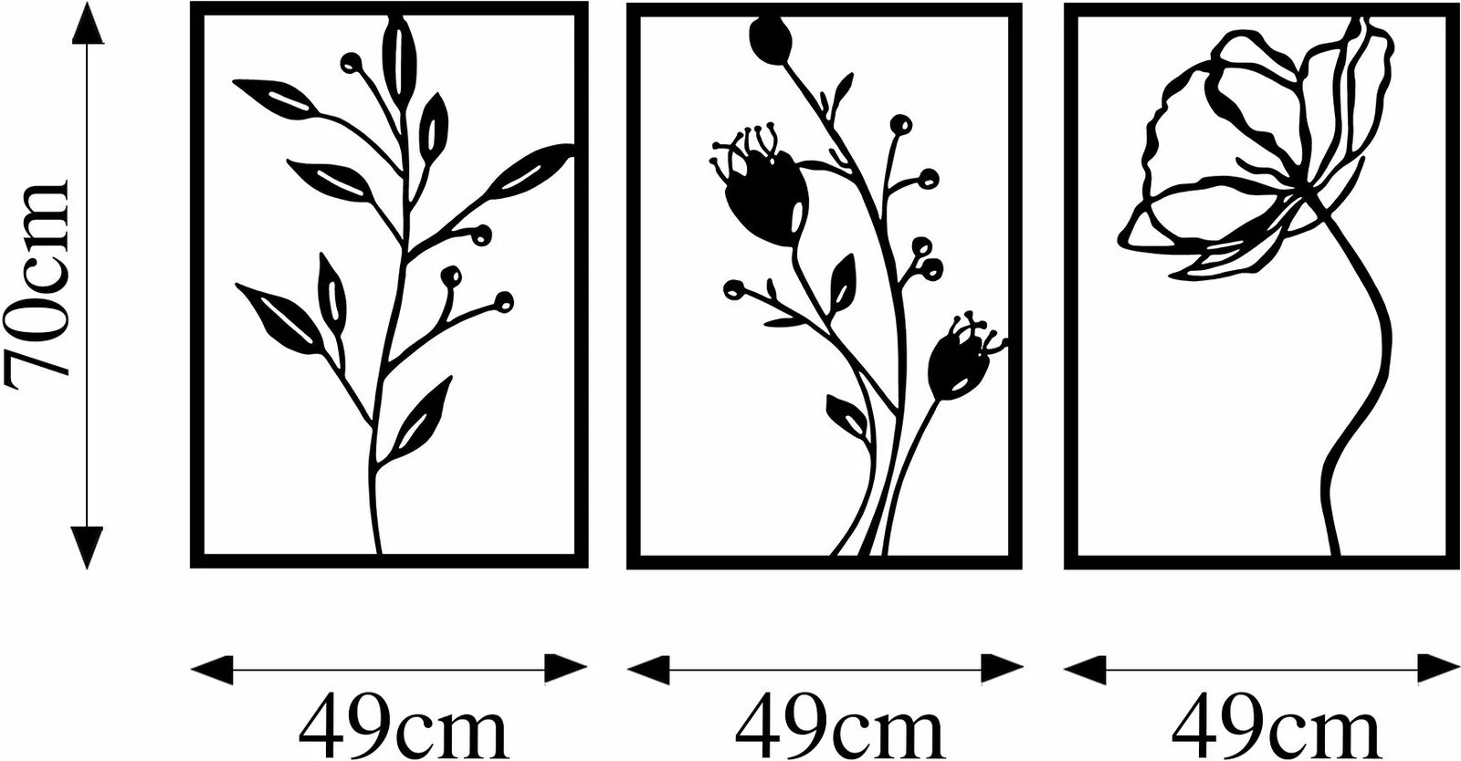 Aksesor dekorativ metalik për mur, lule, 3 copë, Wallity, 49x70cm, ngjyrë e zezë