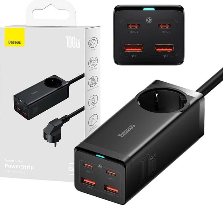 Kasë karikues Baseus GaN3 Pro, 100W, 2x USB-C + 2x USB, prizë AC, e zezë