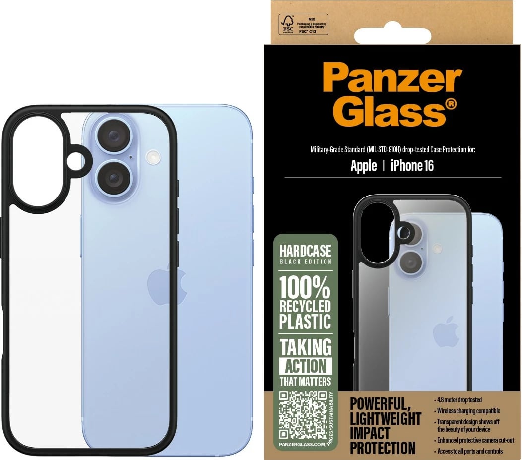 Mbështjellës PanzerGlass HardCase për iPhone 16, transparent, kornizë e zezë