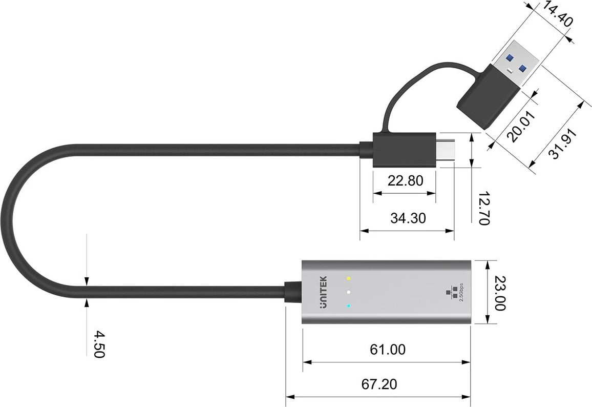 Adapter LAN Unitek U1313C, USB-A/C në RJ45, 2.5 Gbps, Gri/Argjend