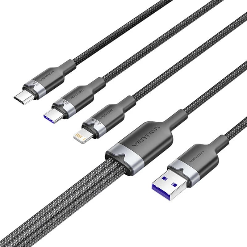 Kabllo 3-në-1 Vention CTRBG, 1.5m, USB 2.0 A në USB-C/Lightning/Micro-B, e zezë