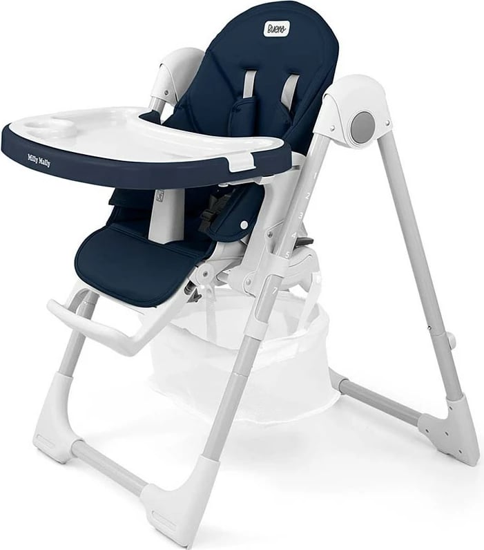 Karrige e lartë bebe, Milly Mally, Bueno Ocean, rregullim lartësie 7-nivel, shpinore reclinueshme, rripa 5-pikësh, 6–36 muaj, blu navy