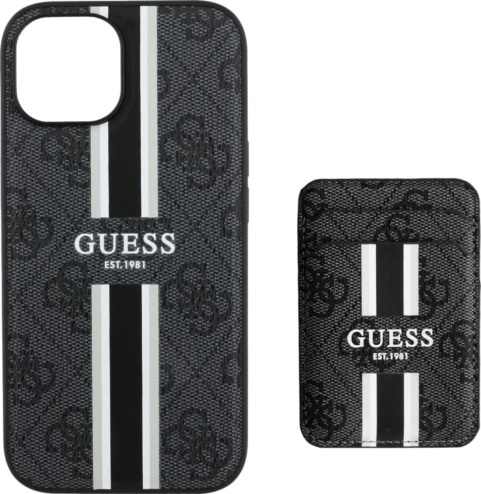 Mbështjellës Guess 4G Stripes me portofol MagSafe për iPhone 15, i zi