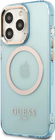 Mbështjellës Guess Gold Outline Translucent MagSafe për iPhone 13 Pro / iPhone 13, Blu
