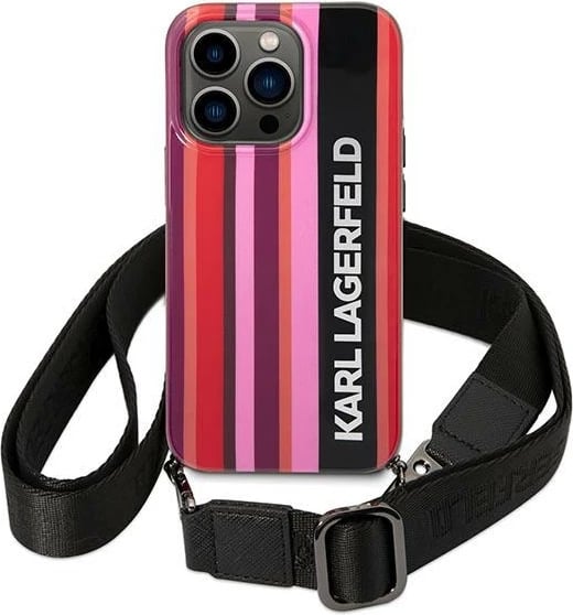 Mbështjellës Karl Lagerfeld KLHCP14LSTSTP për iPhone 14 Pro 6.1", Color Stripes, rozë/zi me rrip