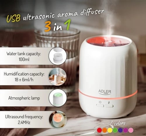 Difuzer arome ultrasonik USB 3-në-1, Adler, AD 7968, 100 ml, deri 25 m2, ndriçim 7 ngjyra, auto-off, i bardhë
