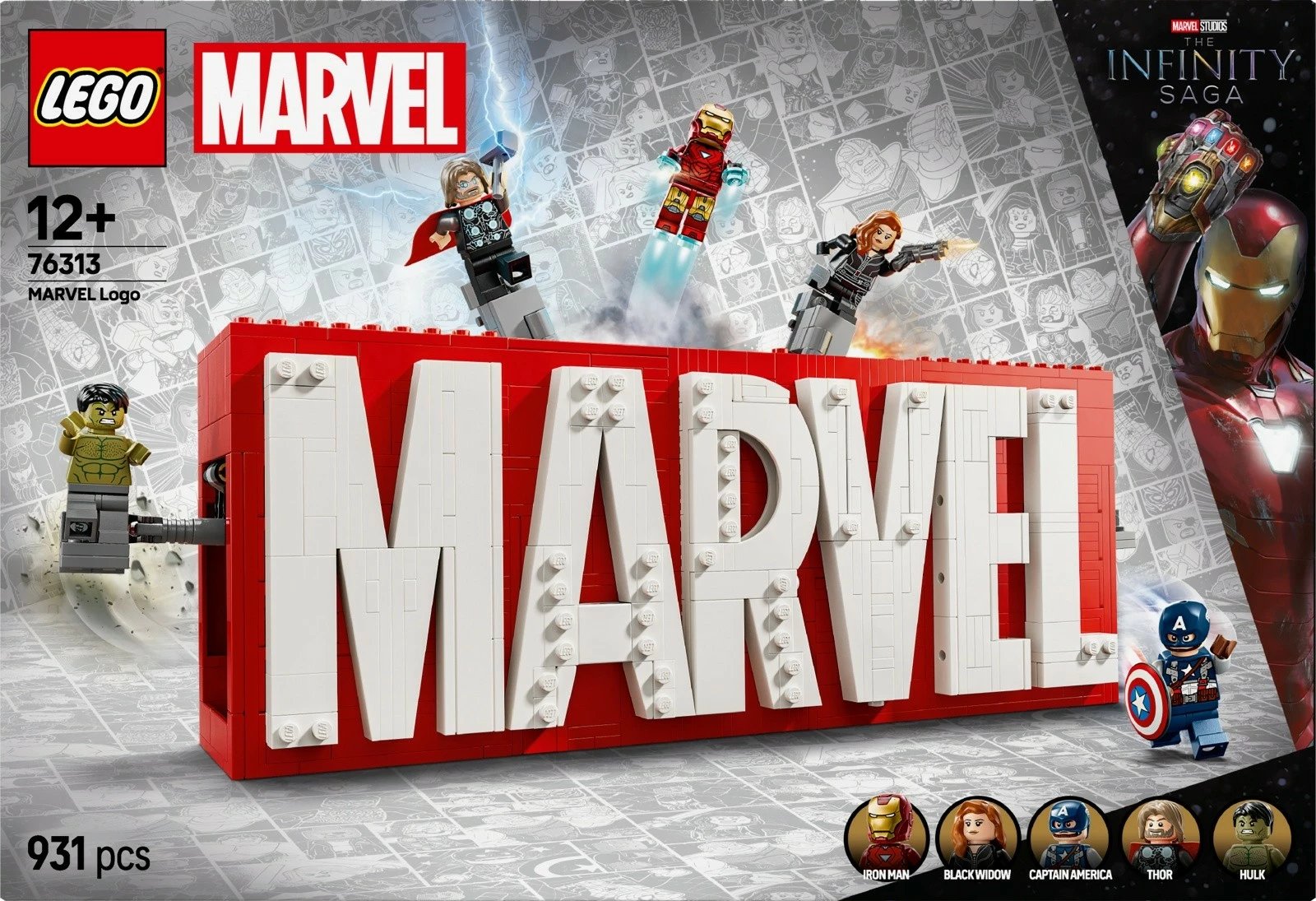 Set LEGO Marvel Super Heroes 76313, MARVEL Logo me 5 minifigura Avengers, 931 pjesë