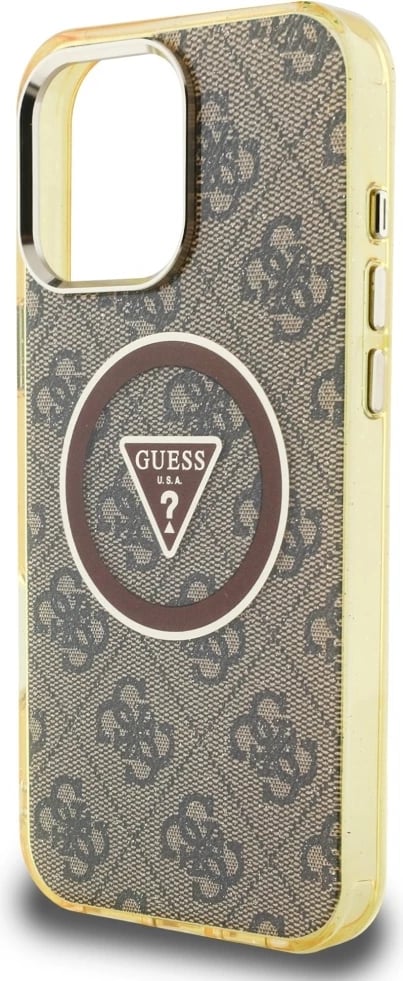 Mbështjellës Guess IML Metal Glitter 4G Circle Triangle MagSafe për iPhone 16 Pro, Kafe