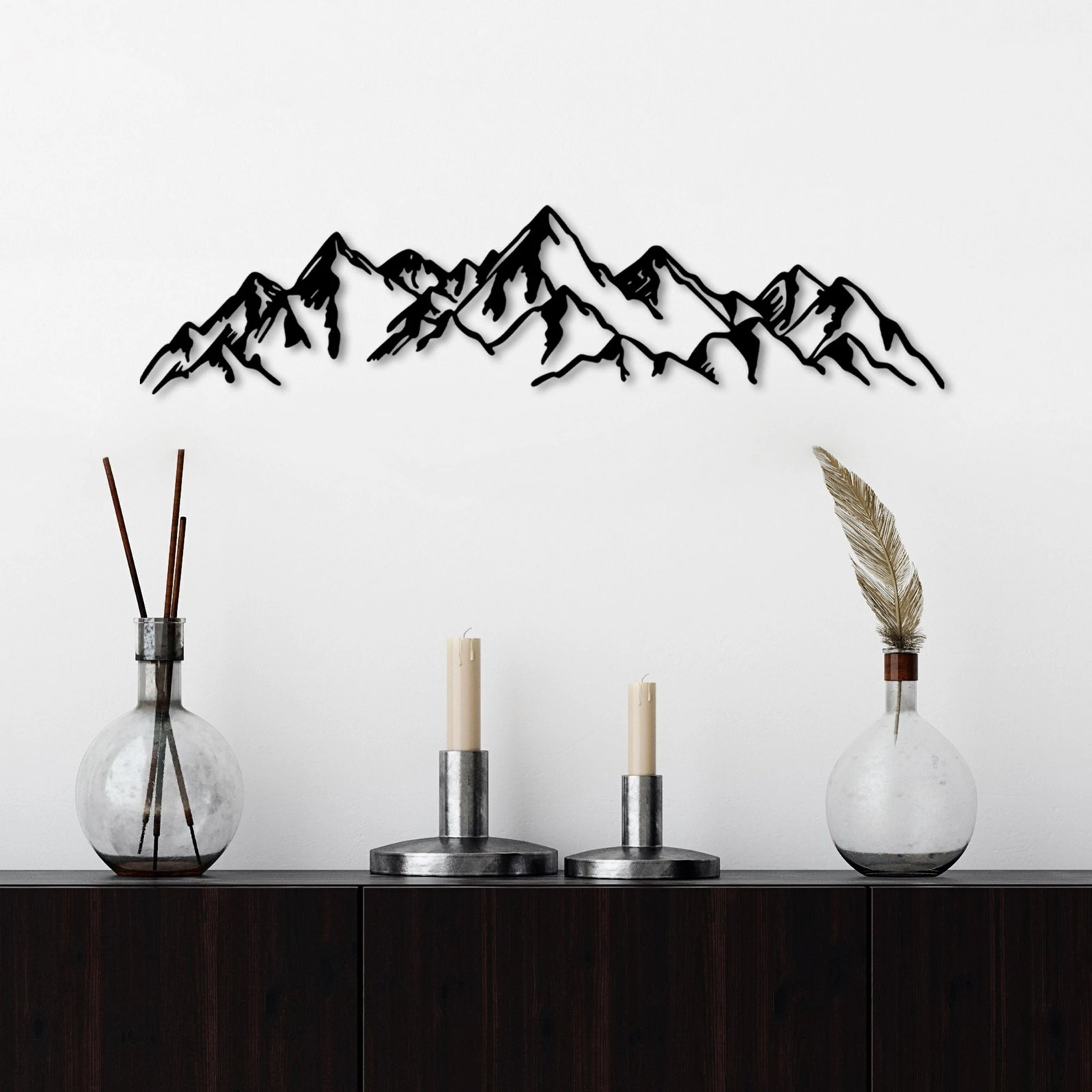 Aksesor dekorativ metalik për mur, pamje mali, Wallity, i zi, 62x14cm