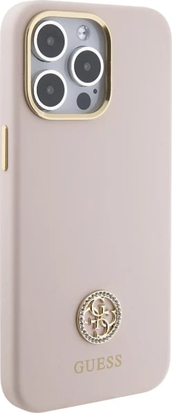 Mbështjellës Guess Silicone Logo Strass 4G për iPhone 15 Pro Max, Rozë