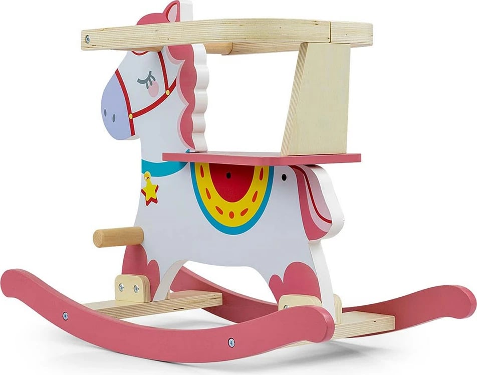 Kalë luhatës druri, Milly Mally, Lucky, me mbështetëse dhe barriera të heqshme, 12–36 muaj, rozë